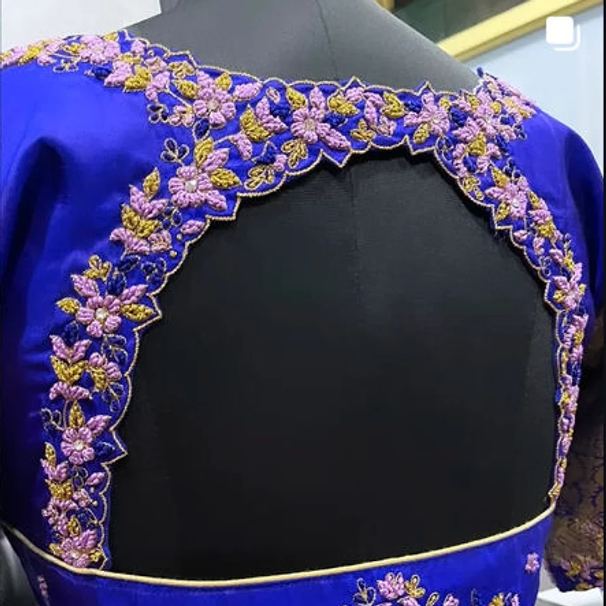 Royal blue blouse back with pink and gold floral embroidery